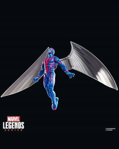 More Than Diecast Marvel Legends X-Men '97 Archangel action figure, blue with pink accents, large silver wings, 6-inch scale.
