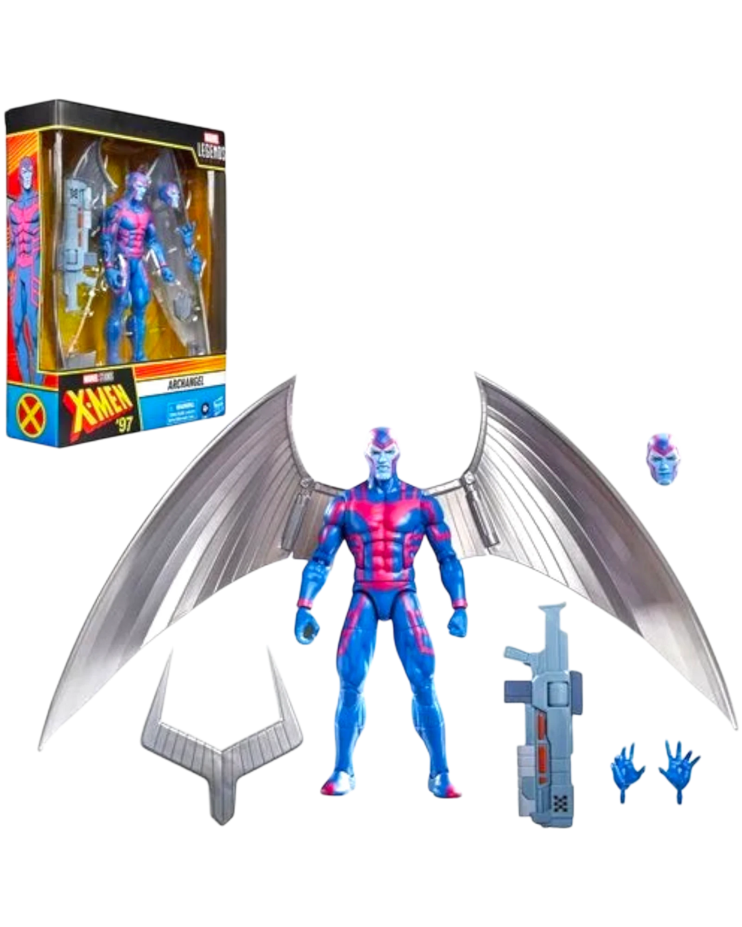 More Than Diecast Marvel Legends X-Men '97 Archangel action figure, blue with pink accents, large silver wings, gun accessory, and alternate head.