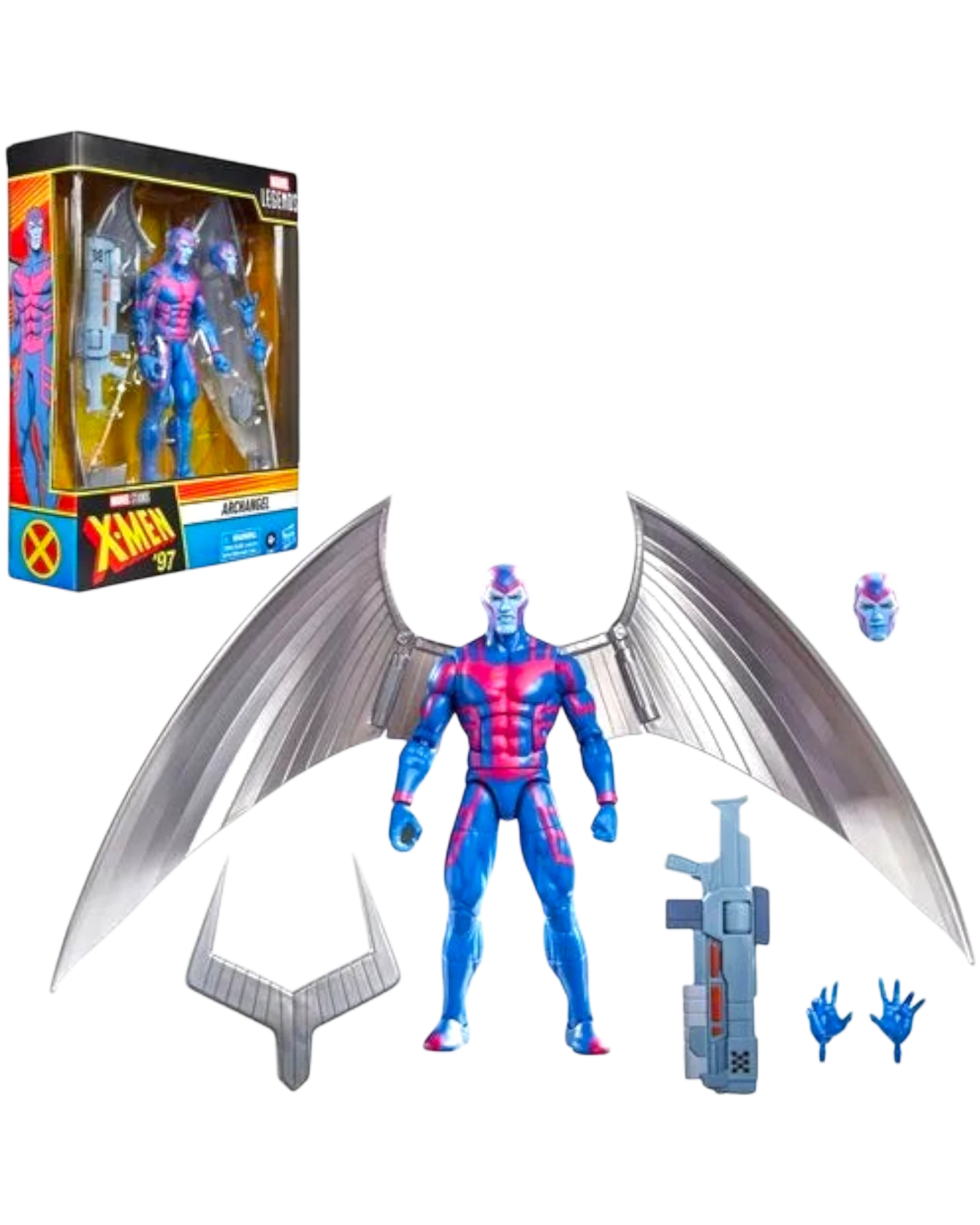 More Than Diecast Marvel Legends X-Men '97 Archangel action figure, blue with pink accents, large silver wings, gun accessory, and alternate head.