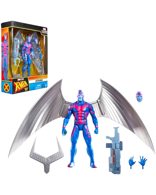 More Than Diecast Marvel Legends X-Men '97 Archangel action figure, blue with pink accents, large silver wings, gun accessory, and alternate head.