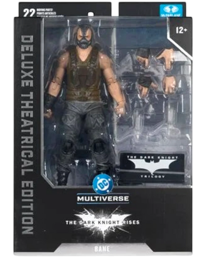 More Than Diecast McFarlane DC Multiverse Bane 7-inch action figure from The Dark Knight Rises. Features film-accurate sculpt, mask, armor, and interchangeable hands.