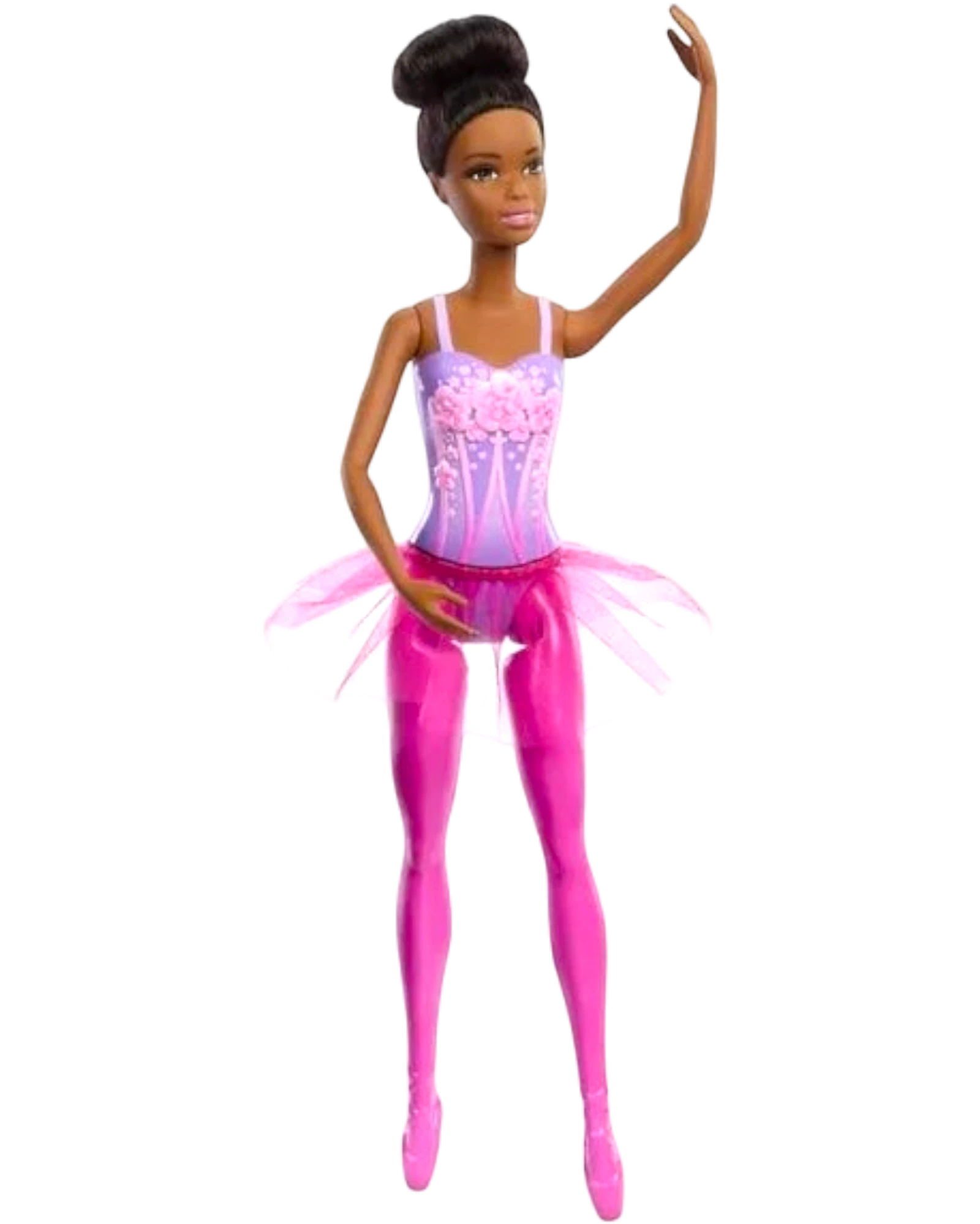 More Than Diecast Barbie Ballerina Doll in a multicolor tutu and pink ballet shoes, with poseable joints for dynamic dance poses.