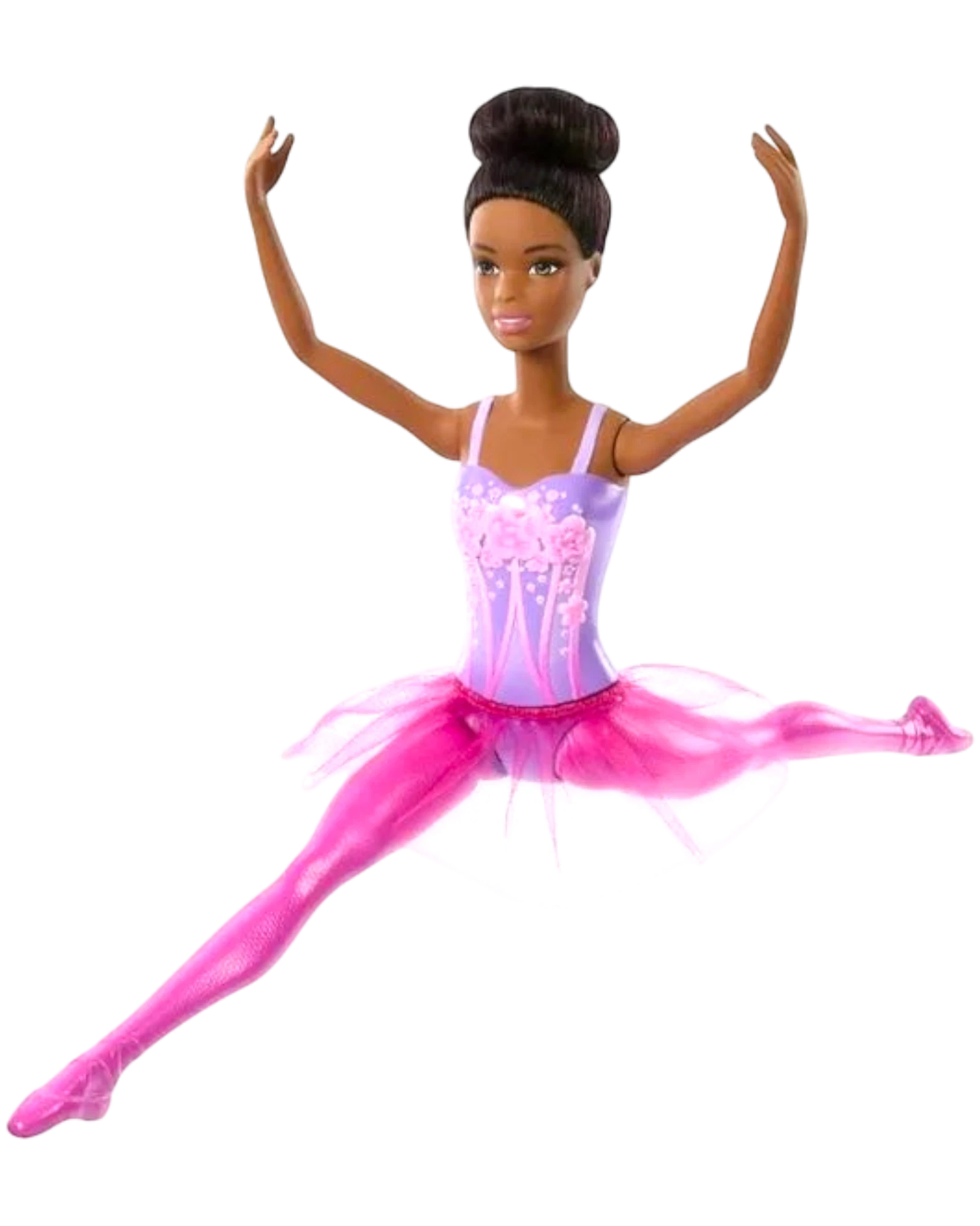 More Than Diecast Barbie Ballerina Doll in a pink and purple tutu with ballet shoes, performing a split leap.