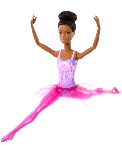 More Than Diecast Barbie Ballerina Doll in a pink and purple tutu with ballet shoes, performing a split leap.