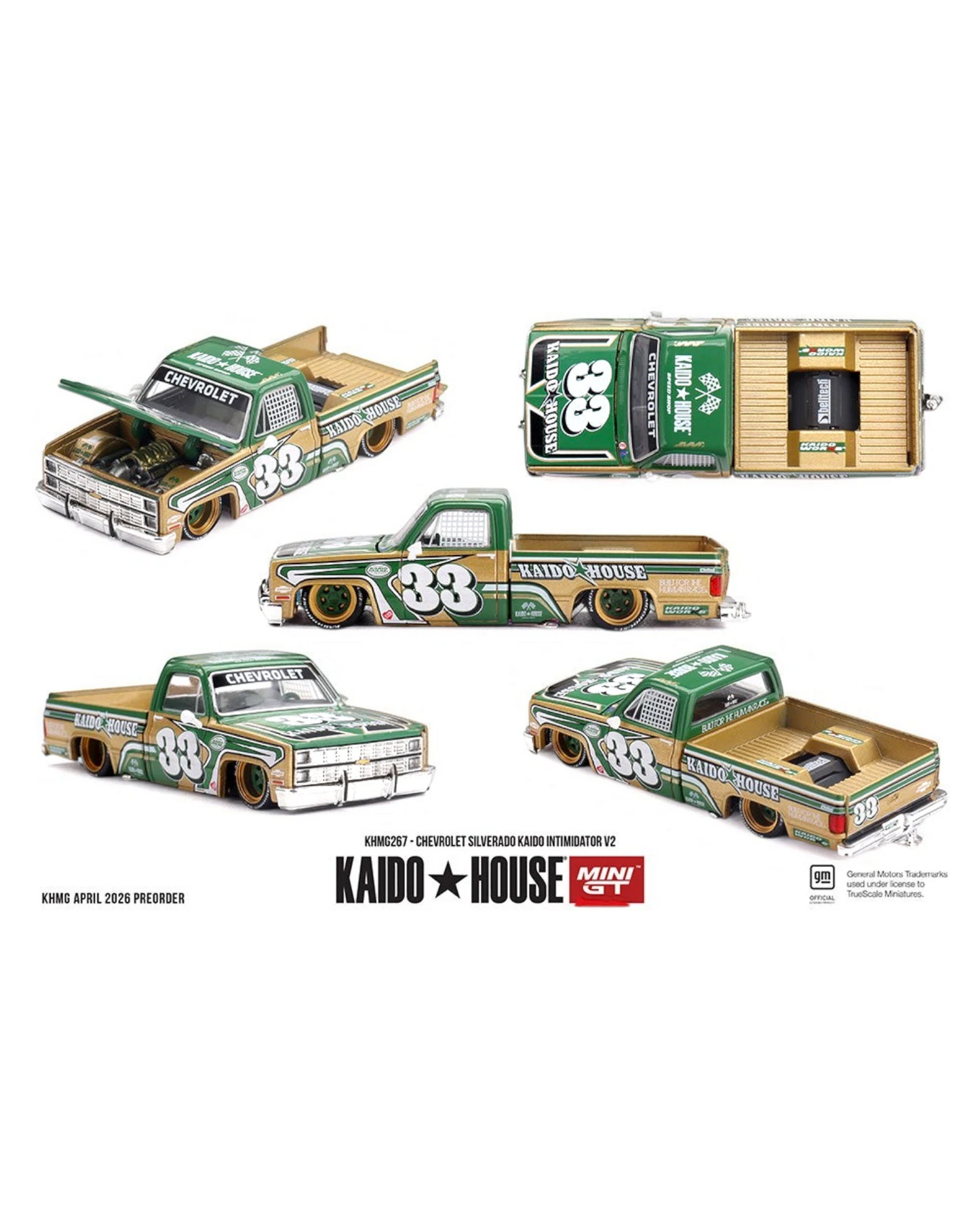 More Than Diecast: 1:64 scale beige Chevrolet Silverado Kaido Intimidator V2 die-cast model with green accents and number 33.