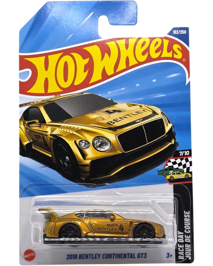 More Than Diecast 2018 Bentley Continental GT3 Hot Wheels 1:64 scale die-cast car in metallic gold with black accents and race livery.
