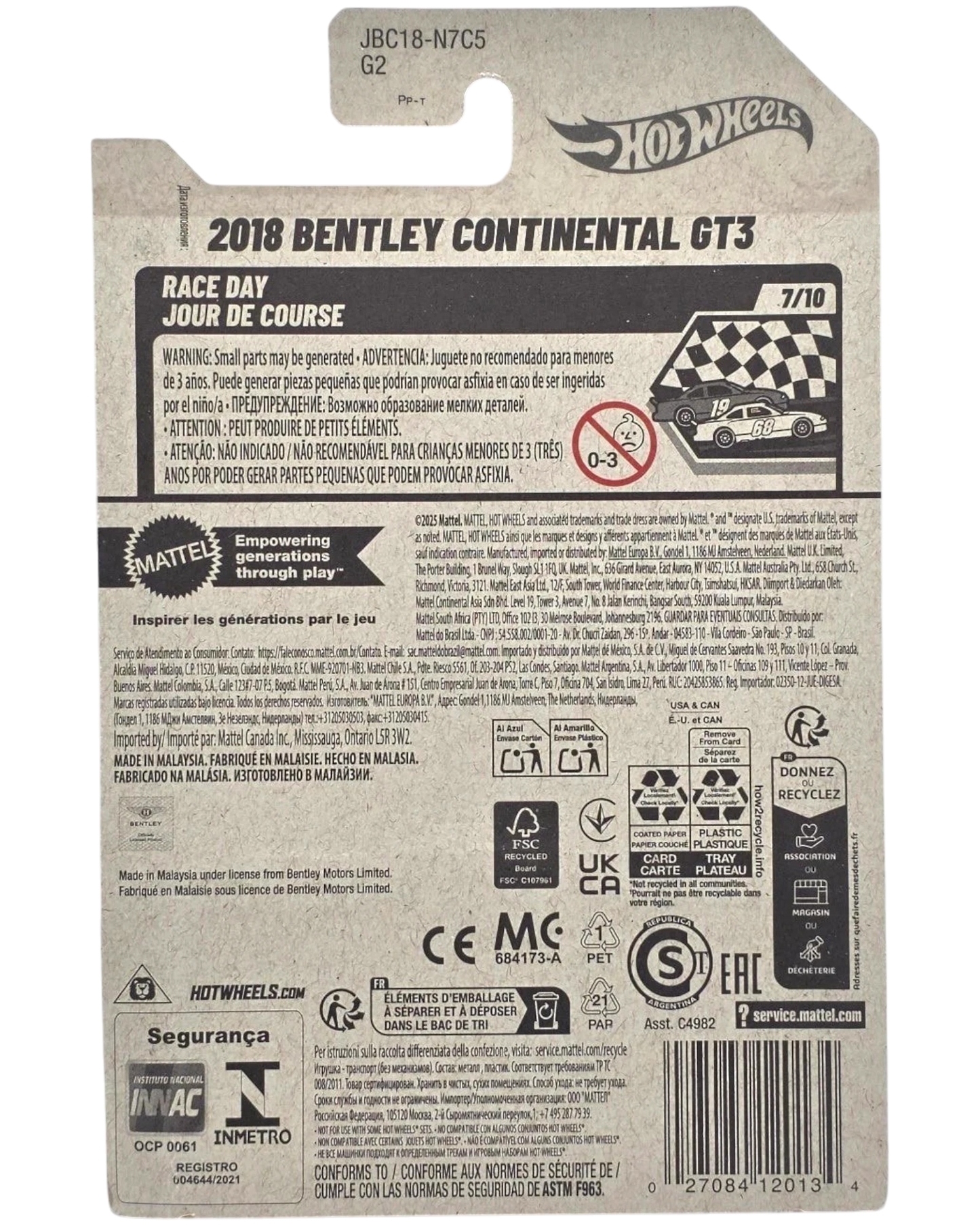 More Than Diecast 2018 Bentley Continental GT3 Hot Wheels 1:64 scale die-cast car, race day edition with black and white checkered flag design.