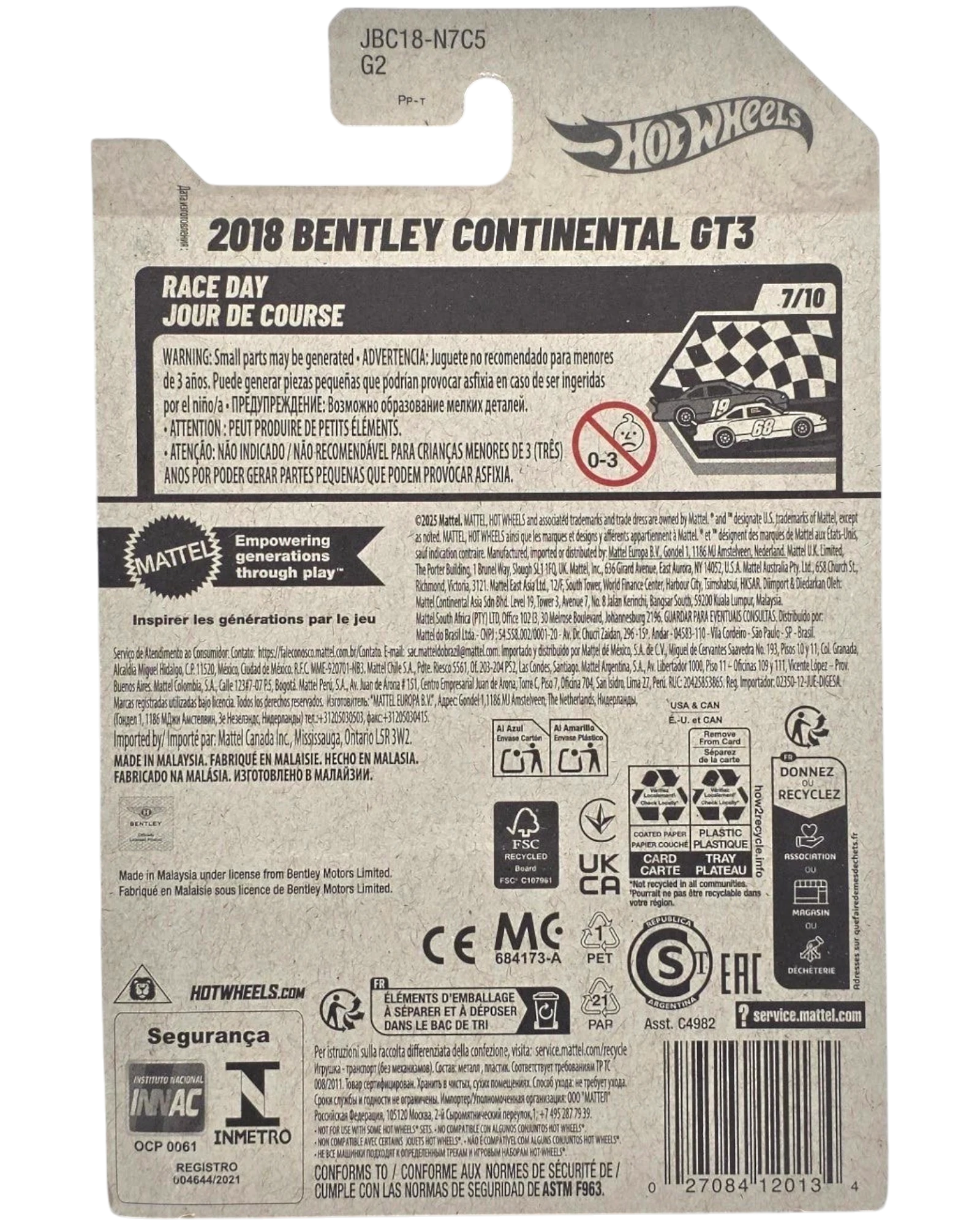 More Than Diecast 2018 Bentley Continental GT3 Hot Wheels 1:64 scale die-cast car, race day edition with black and white checkered flag design.