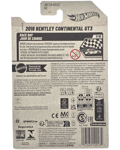 More Than Diecast 2018 Bentley Continental GT3 Hot Wheels 1:64 scale die-cast car, race day edition with black and white checkered flag design.