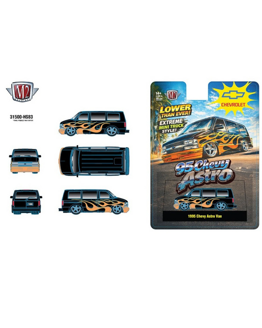 More Than Diecast 1:64 scale black 1995 Chevrolet Astro Van with orange flame graphics and custom wheels.