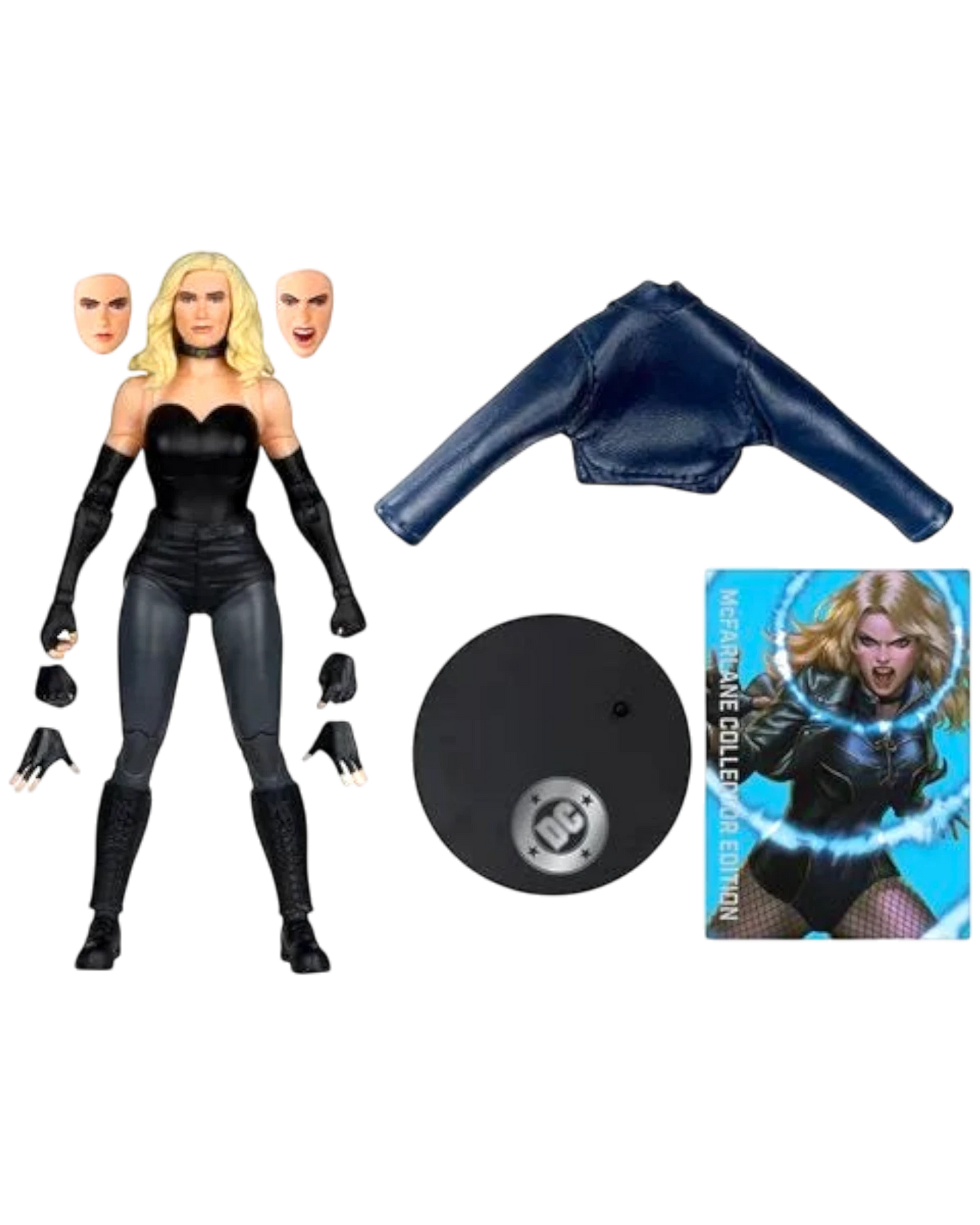 More Than Diecast Black Canary 7-inch action figure with interchangeable faces, hands, jacket, stand, and collector card.