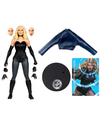 More Than Diecast Black Canary 7-inch action figure with interchangeable faces, hands, jacket, stand, and collector card.