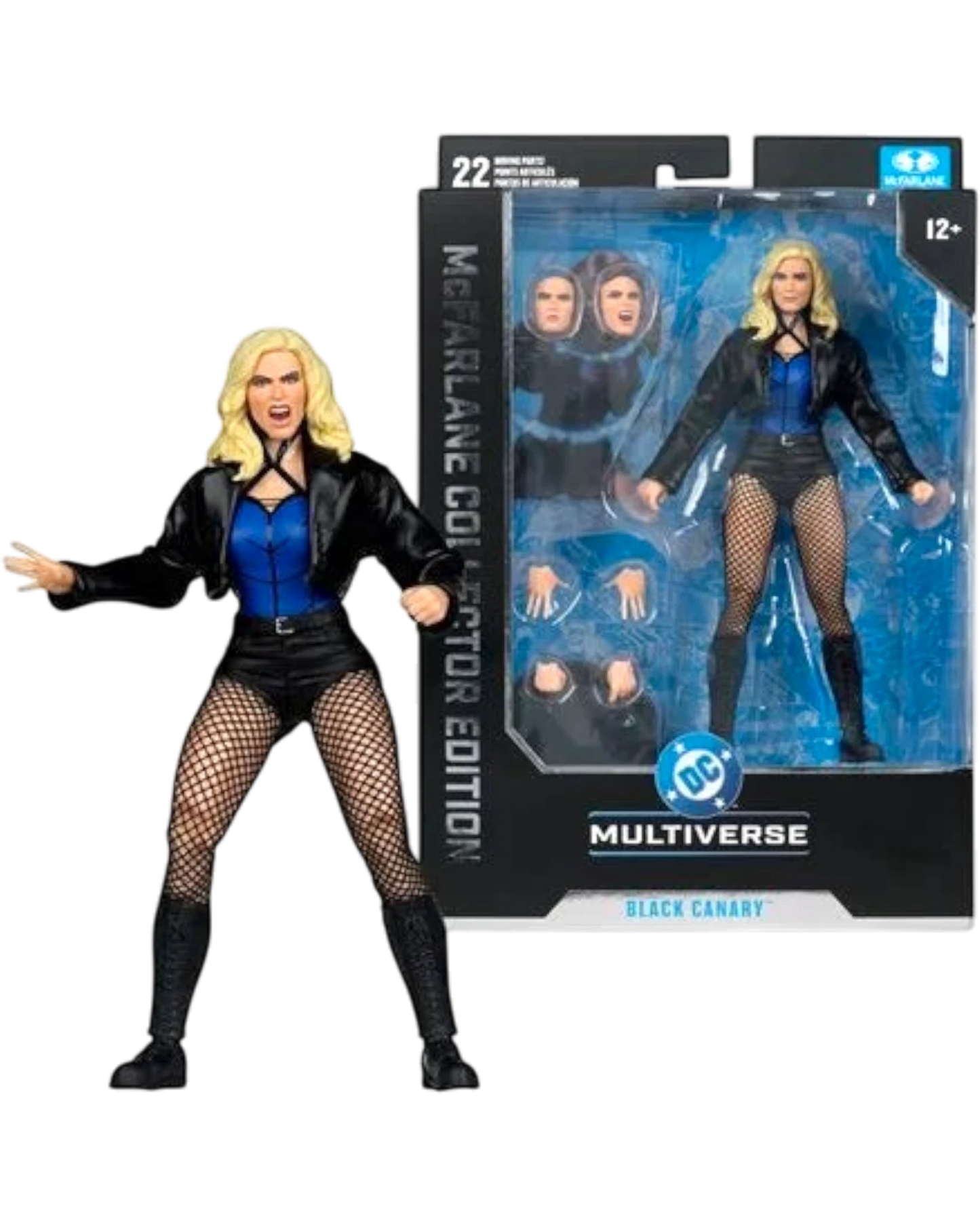 More Than Diecast McFarlane Toys DC Multiverse Black Canary 7-inch action figure in black jacket, blue top, fishnet stockings, and boots.