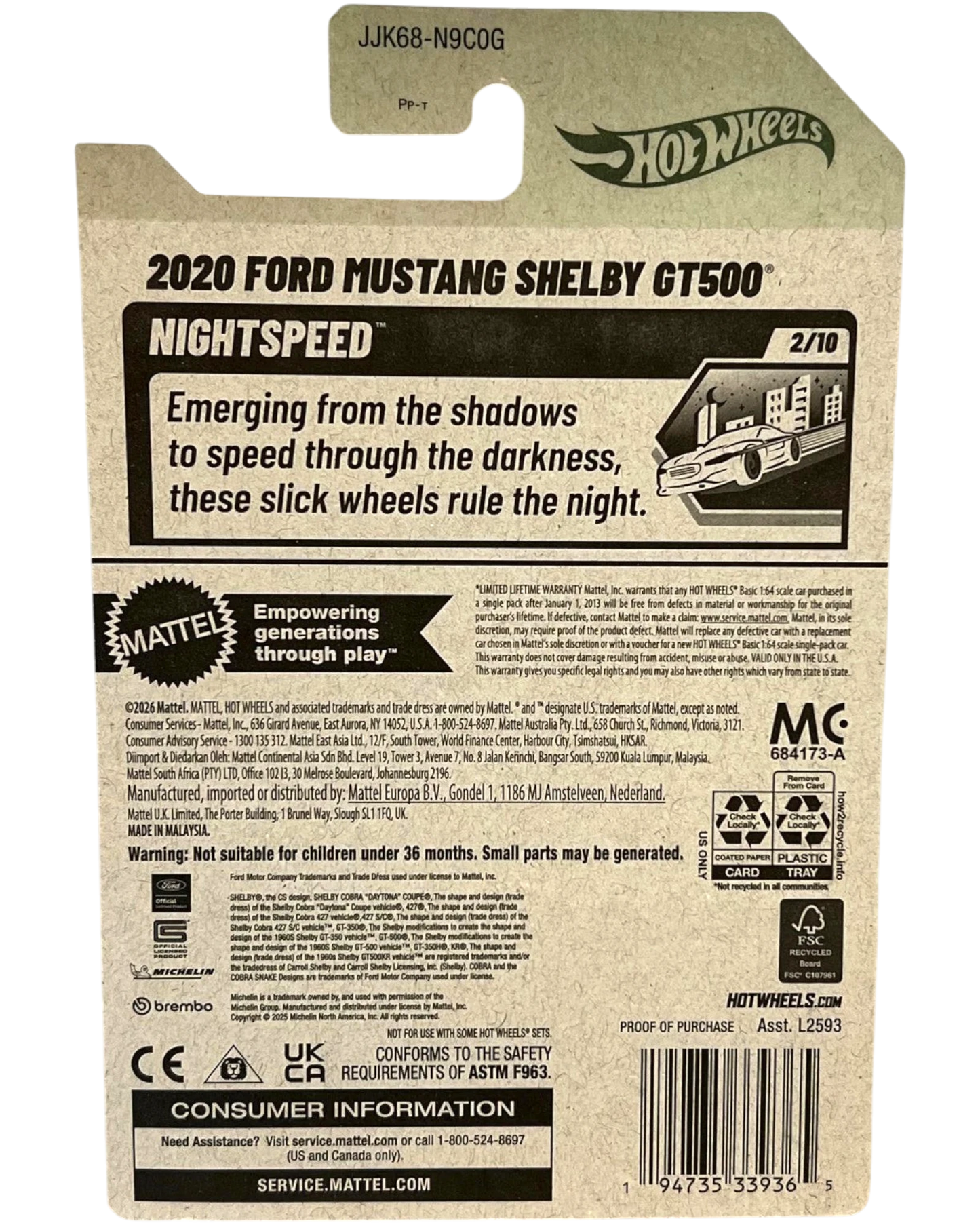 More Than Diecast 2020 Ford Mustang Shelby GT500 Hot Wheels mainline car, black with 'Nightspeed' branding.