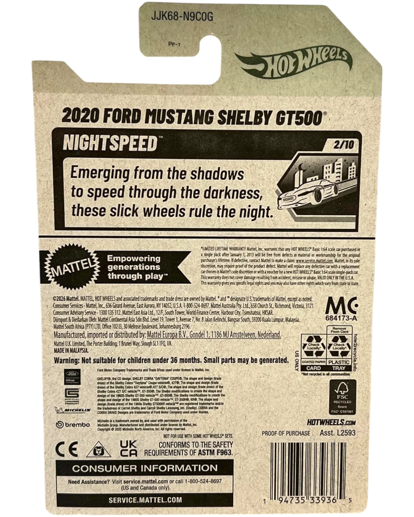 More Than Diecast 2020 Ford Mustang Shelby GT500 Hot Wheels mainline car, black with 'Nightspeed' branding.