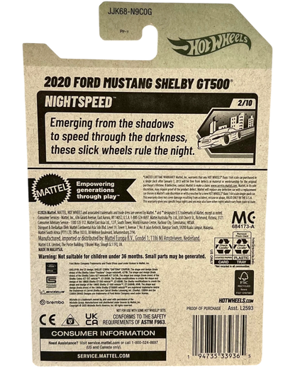More Than Diecast 2020 Ford Mustang Shelby GT500 Hot Wheels mainline car, black with 'Nightspeed' branding.