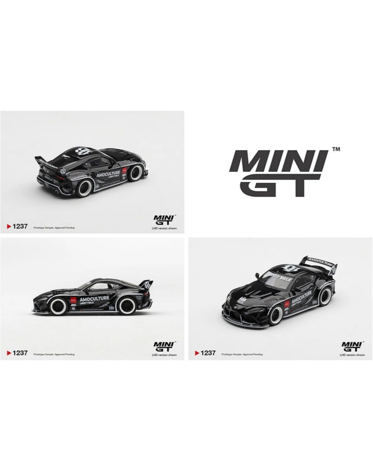 More Than Diecast 1:64 scale black Toyota GR Supra LB Works AMOCULTURE die-cast model with wide-body kit and white accents.