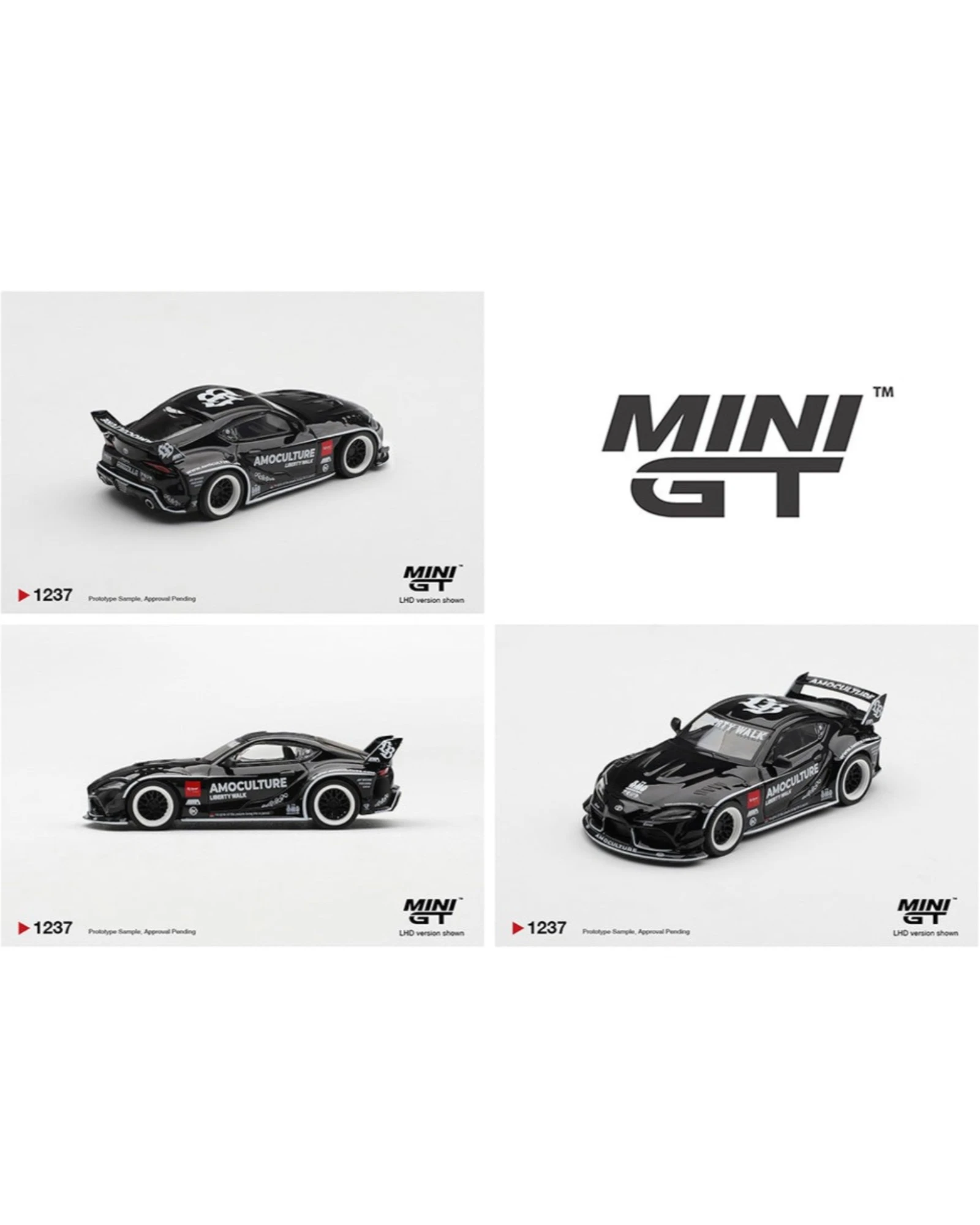 More Than Diecast 1:64 scale black Toyota GR Supra LB Works AMOCULTURE die-cast model with wide-body kit and white accents.