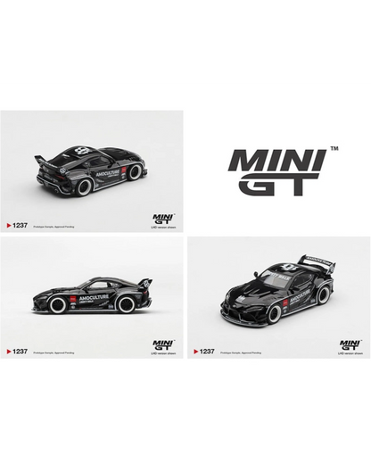 More Than Diecast 1:64 scale black Toyota GR Supra LB Works AMOCULTURE die-cast model with wide-body kit and white accents.