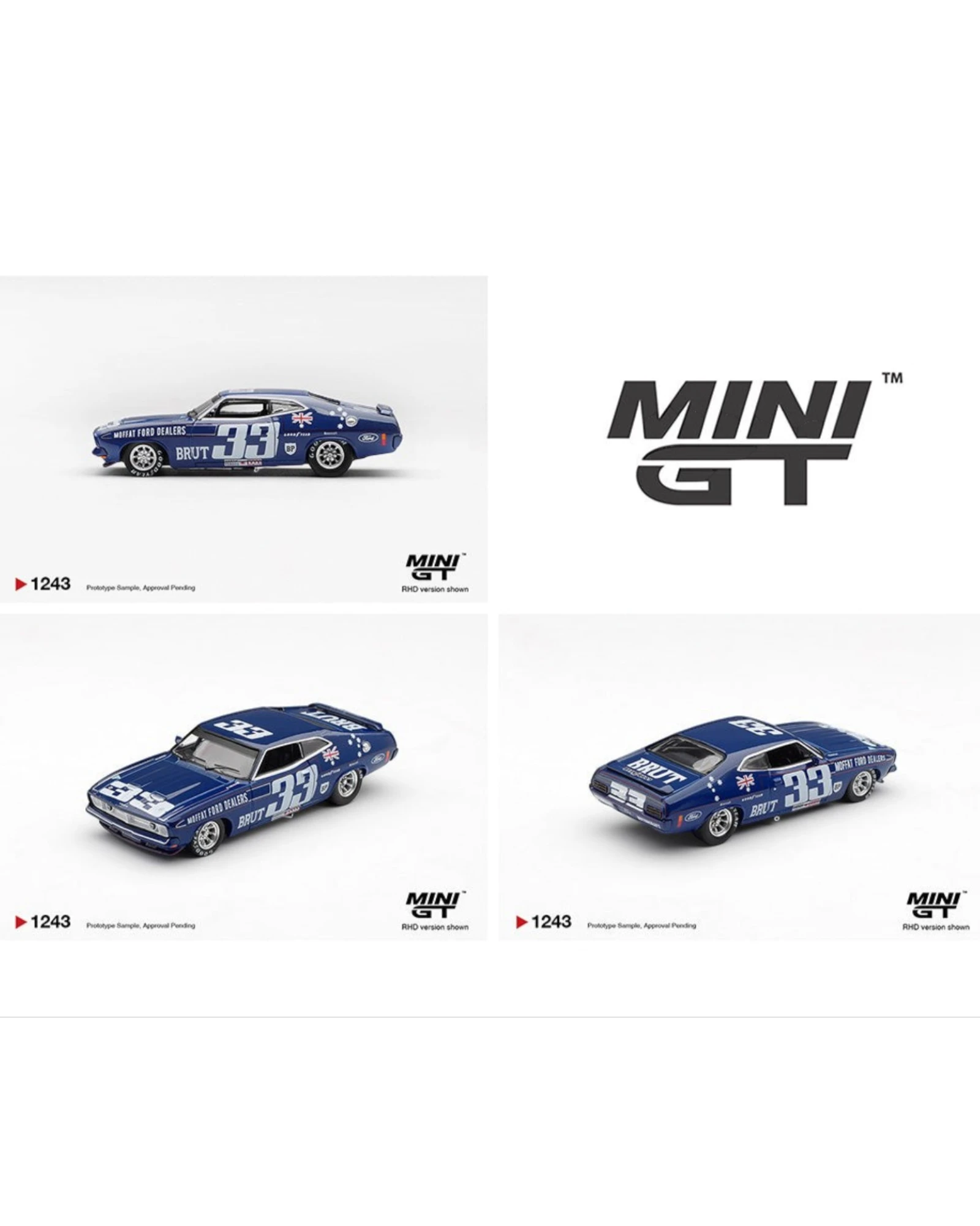 More Than Diecast 1:64 scale blue Ford XB Falcon GT #33 race car with Brut and Moffat Ford Dealers livery.