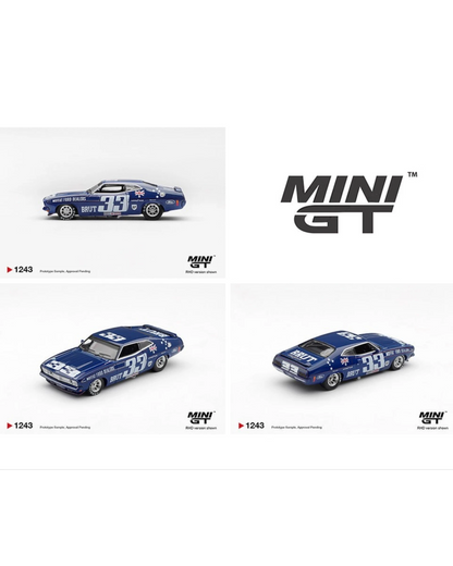 More Than Diecast 1:64 scale blue Ford XB Falcon GT #33 race car with Brut and Moffat Ford Dealers livery.