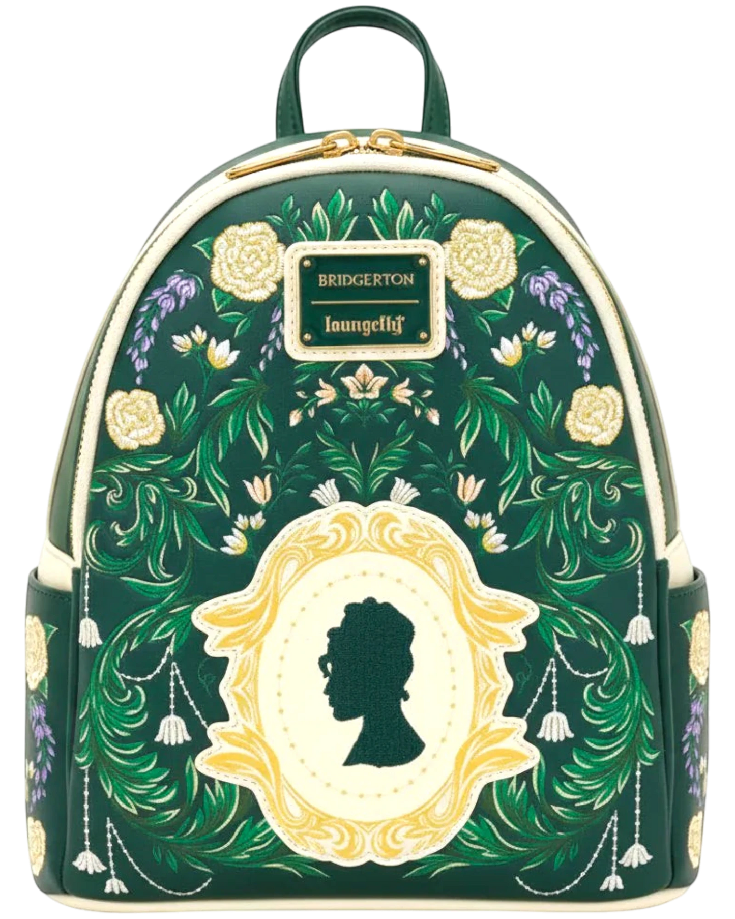 More Than Diecast Bridgerton floral mini backpack with silhouette detail. Green faux leather with gold foil accents and embroidered flowers.