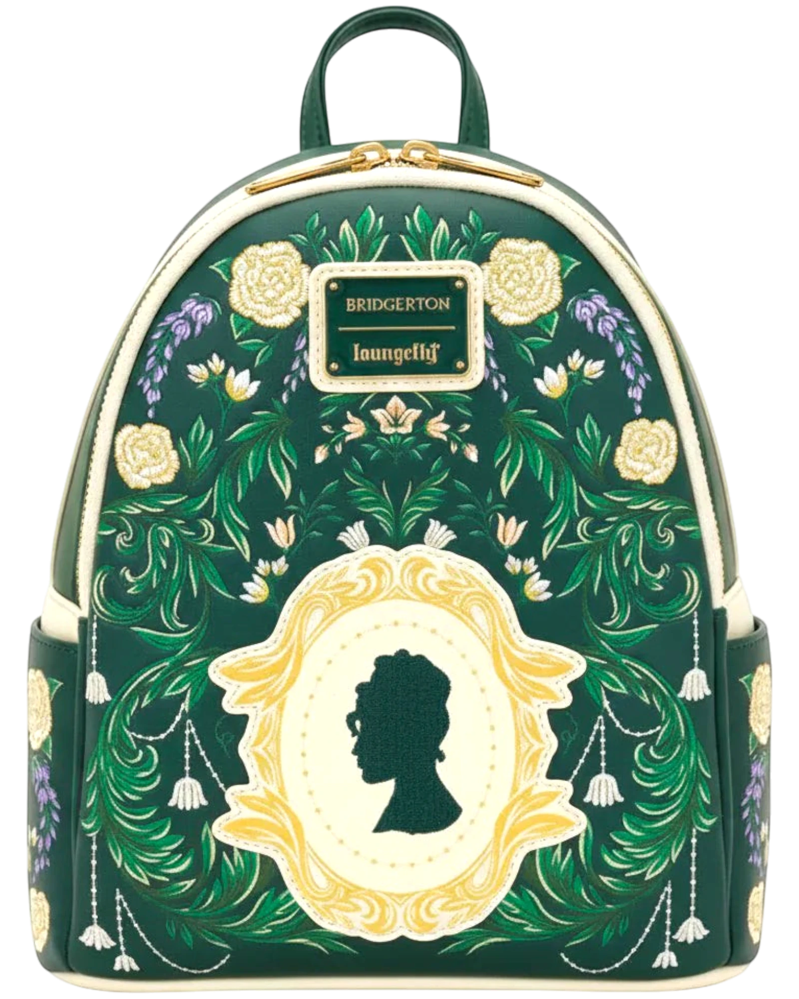 More Than Diecast Bridgerton floral mini backpack with silhouette detail. Green faux leather with gold foil accents and embroidered flowers.