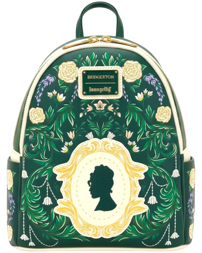 More Than Diecast Bridgerton floral mini backpack with silhouette detail. Green faux leather with gold foil accents and embroidered flowers.