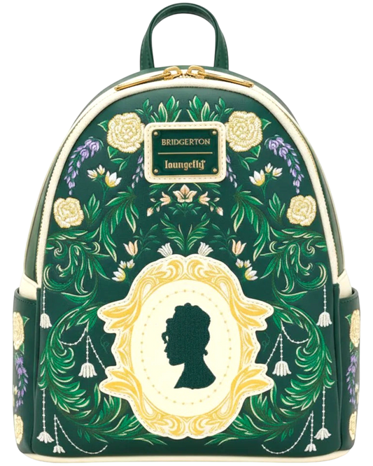 More Than Diecast Bridgerton floral mini backpack with silhouette detail. Green faux leather with gold foil accents and embroidered flowers.