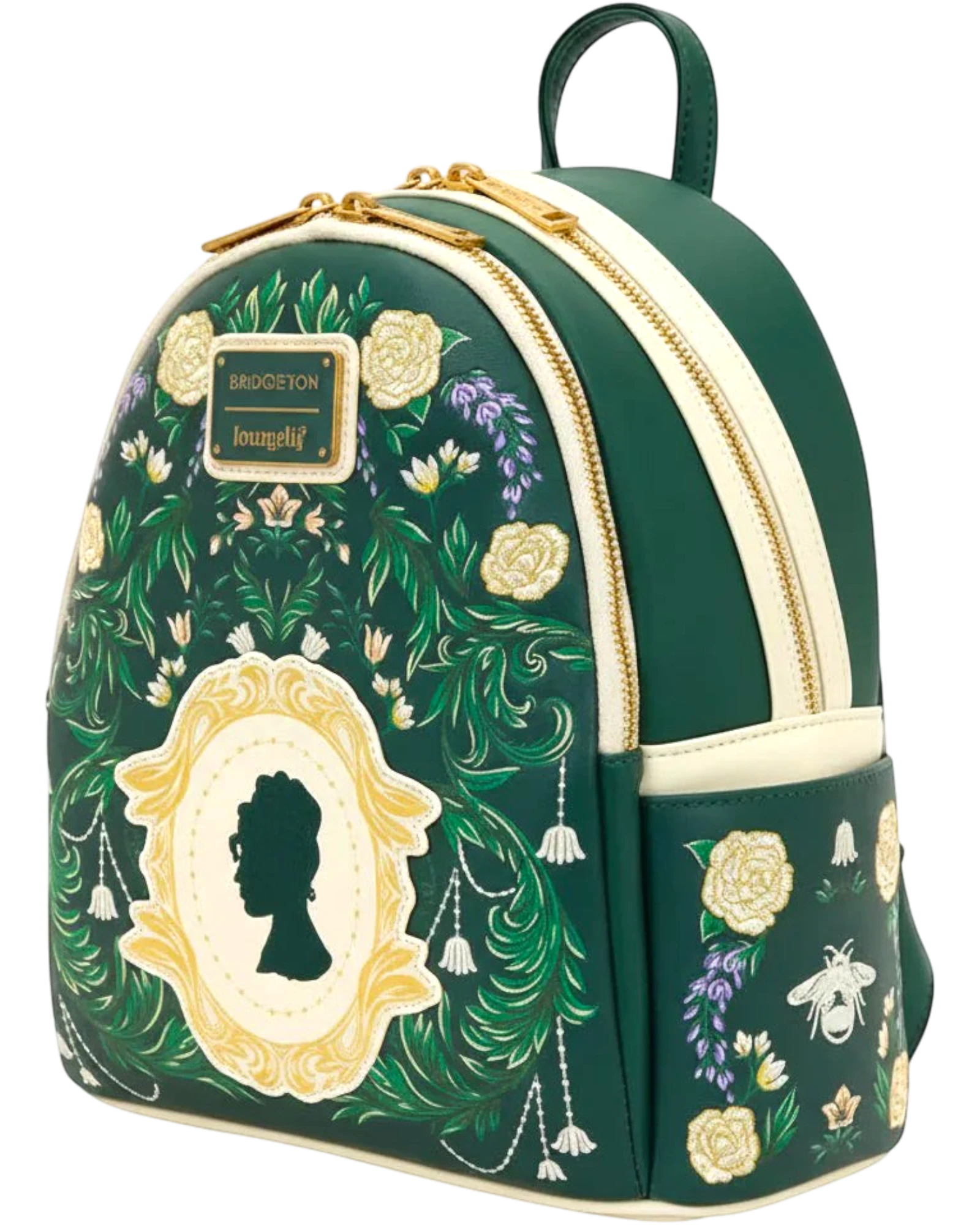 More Than Diecast Bridgerton Silhouette floral mini backpack in green faux leather with gold accents, embroidered flowers, and a silhouette cameo.