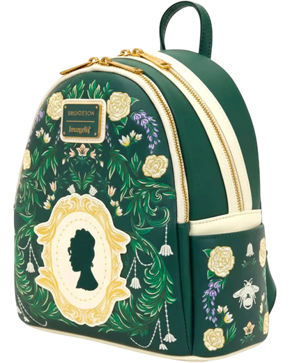 More Than Diecast Bridgerton Silhouette floral mini backpack in green faux leather with gold accents, embroidered flowers, and a silhouette cameo.
