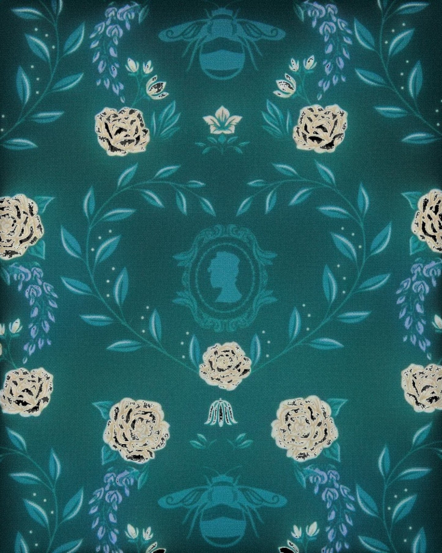 More Than Diecast Bridgerton floral mini backpack with bees and silhouette motifs on teal faux leather.