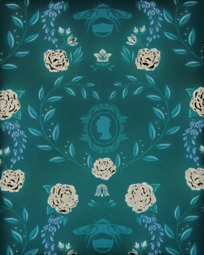 More Than Diecast Bridgerton floral mini backpack with bees and silhouette motifs on teal faux leather.