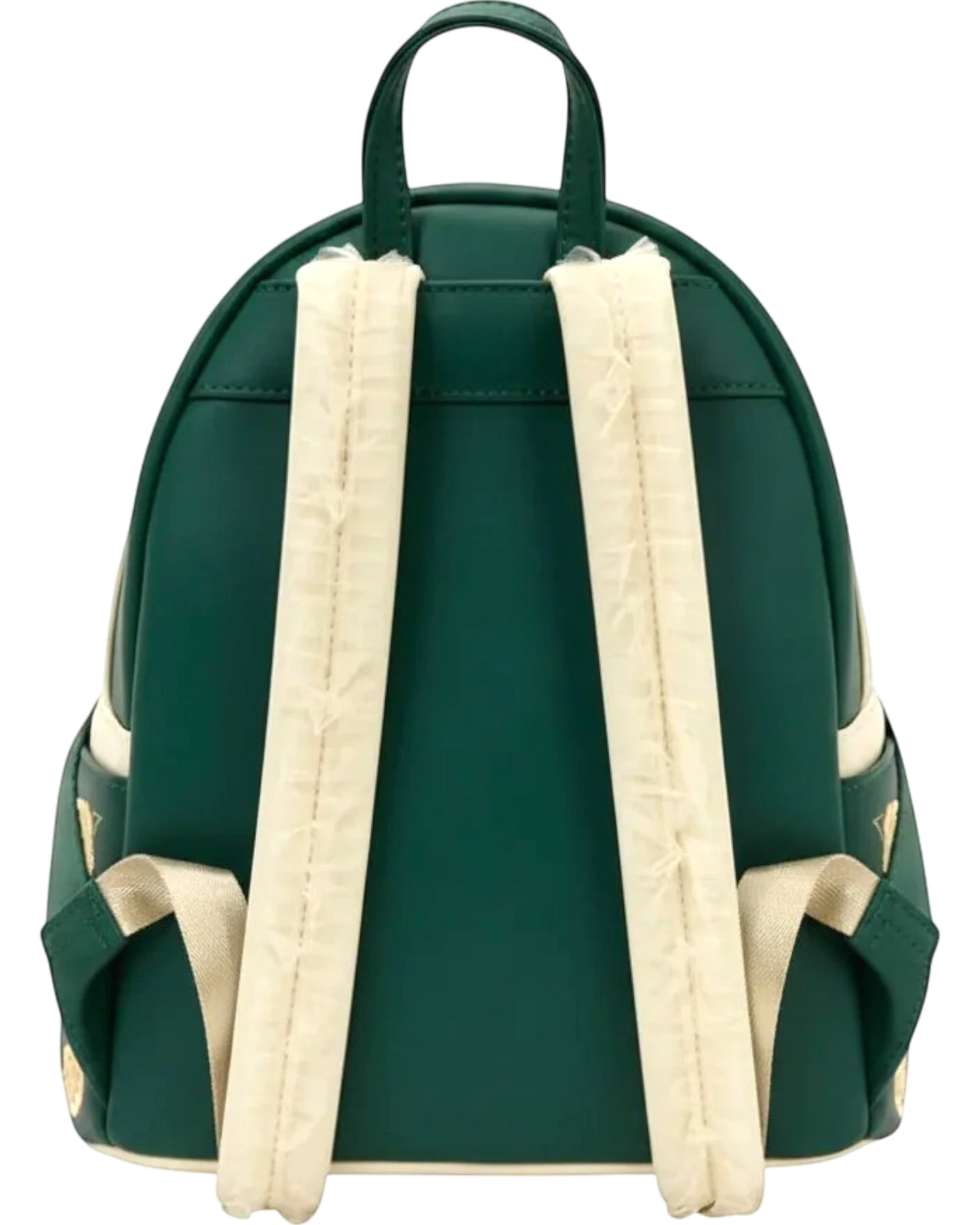 More Than Diecast Bridgerton green faux leather mini backpack with cream tulle-trimmed straps and gold accents.