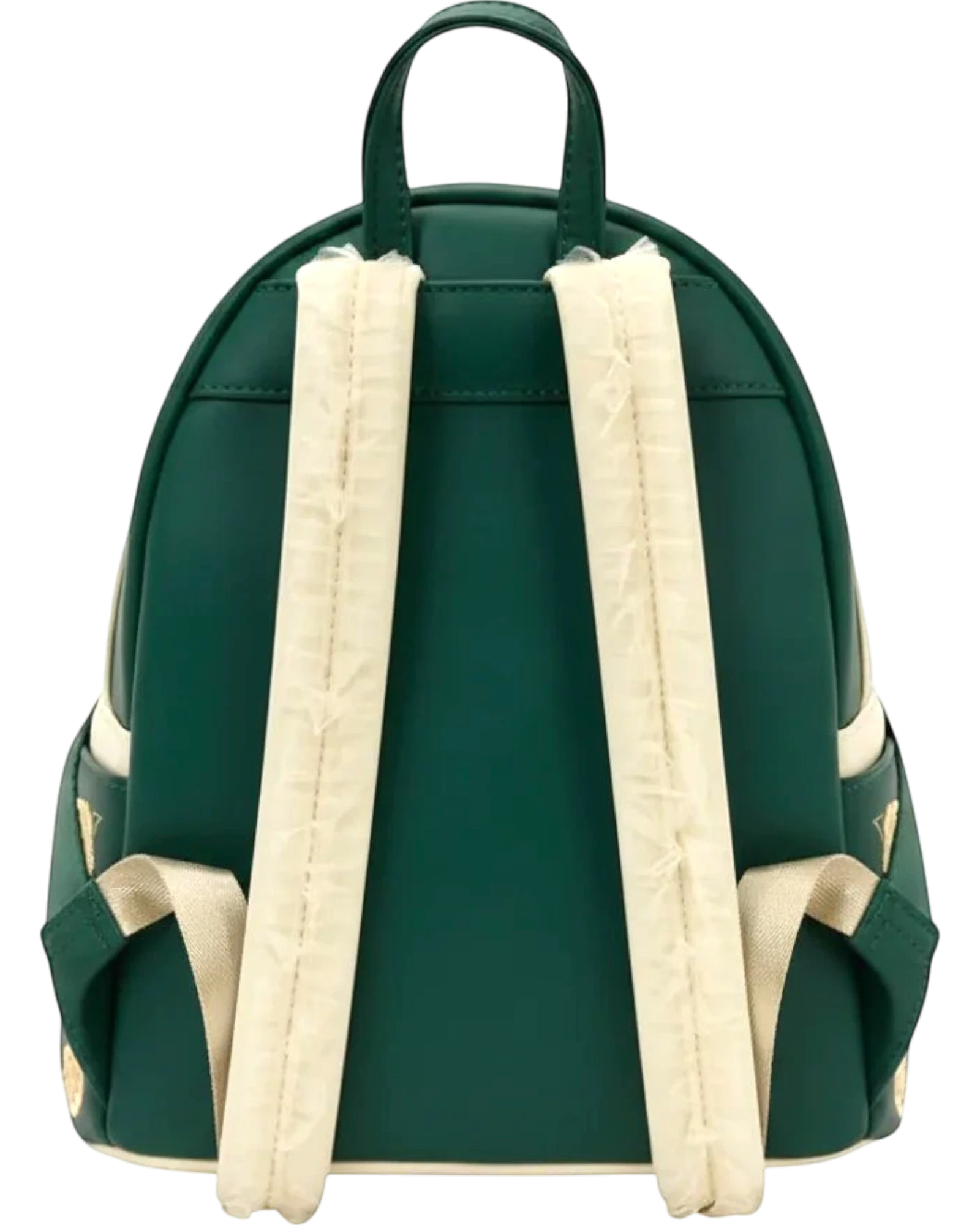 More Than Diecast Bridgerton green faux leather mini backpack with cream tulle-trimmed straps and gold accents.