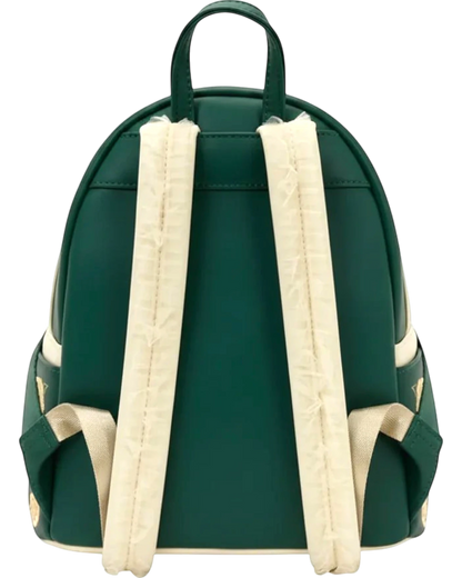 More Than Diecast Bridgerton green faux leather mini backpack with cream tulle-trimmed straps and gold accents.