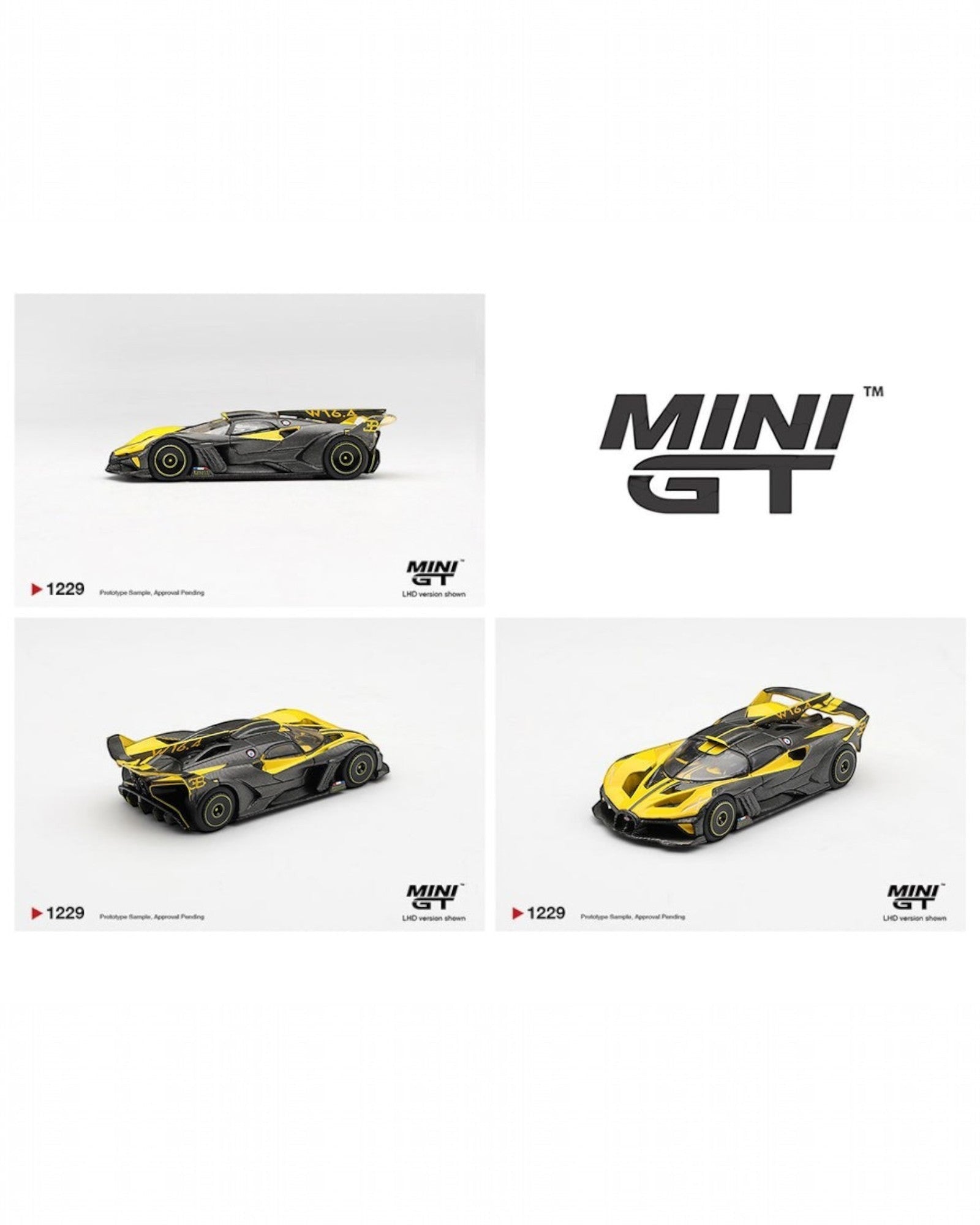 More Than Diecast 1:64 yellow and black Bugatti Bolide die-cast model with aggressive styling and aerodynamic features.