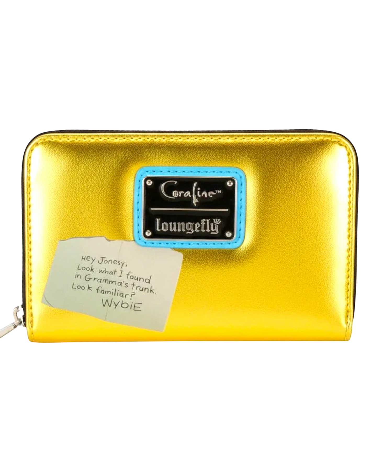 More Than Diecast Loungefly Coraline Doll Cosplay Wallet in shiny yellow patent faux leather with a note and Coraline/Loungefly logo.