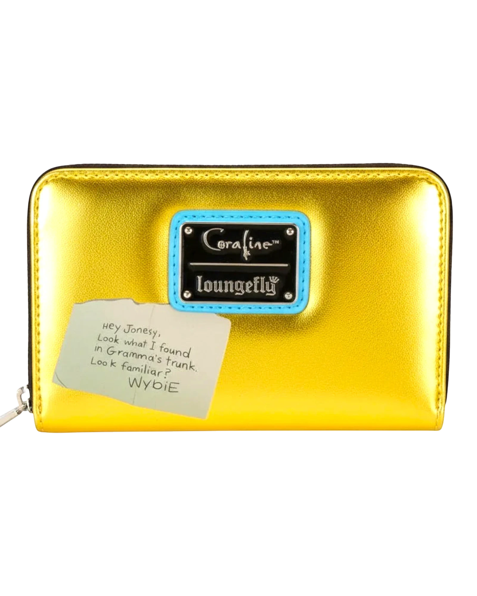 More Than Diecast Loungefly Coraline Doll Cosplay Wallet in shiny yellow patent faux leather with a note and Coraline/Loungefly logo.