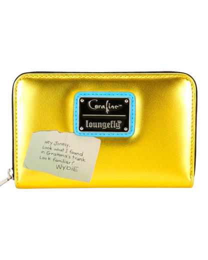 More Than Diecast Loungefly Coraline Doll Cosplay Wallet in shiny yellow patent faux leather with a note and Coraline/Loungefly logo.