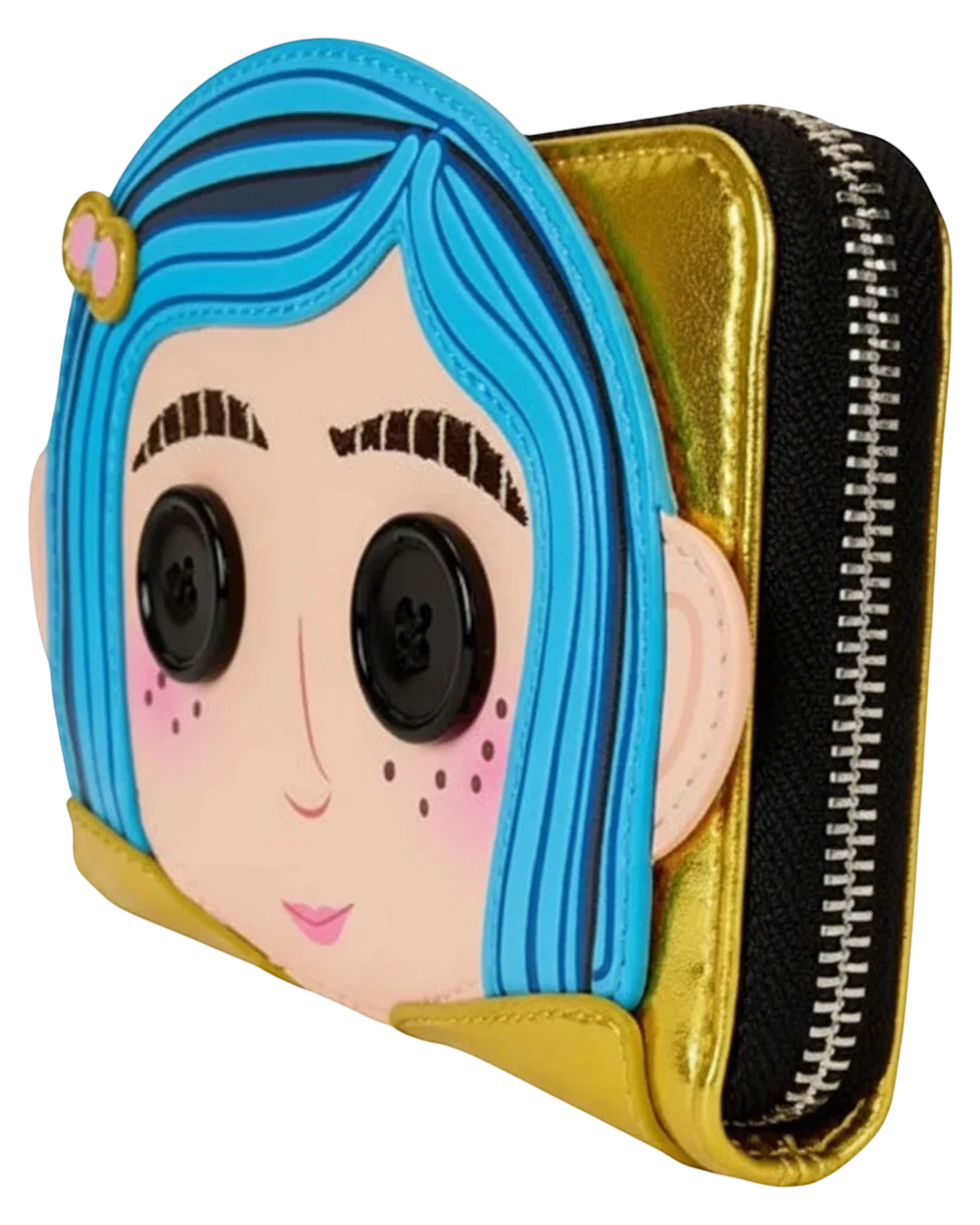 More Than Diecast Loungefly Coraline Doll cosplay wallet with blue hair, button eyes, and gold zip-around closure.