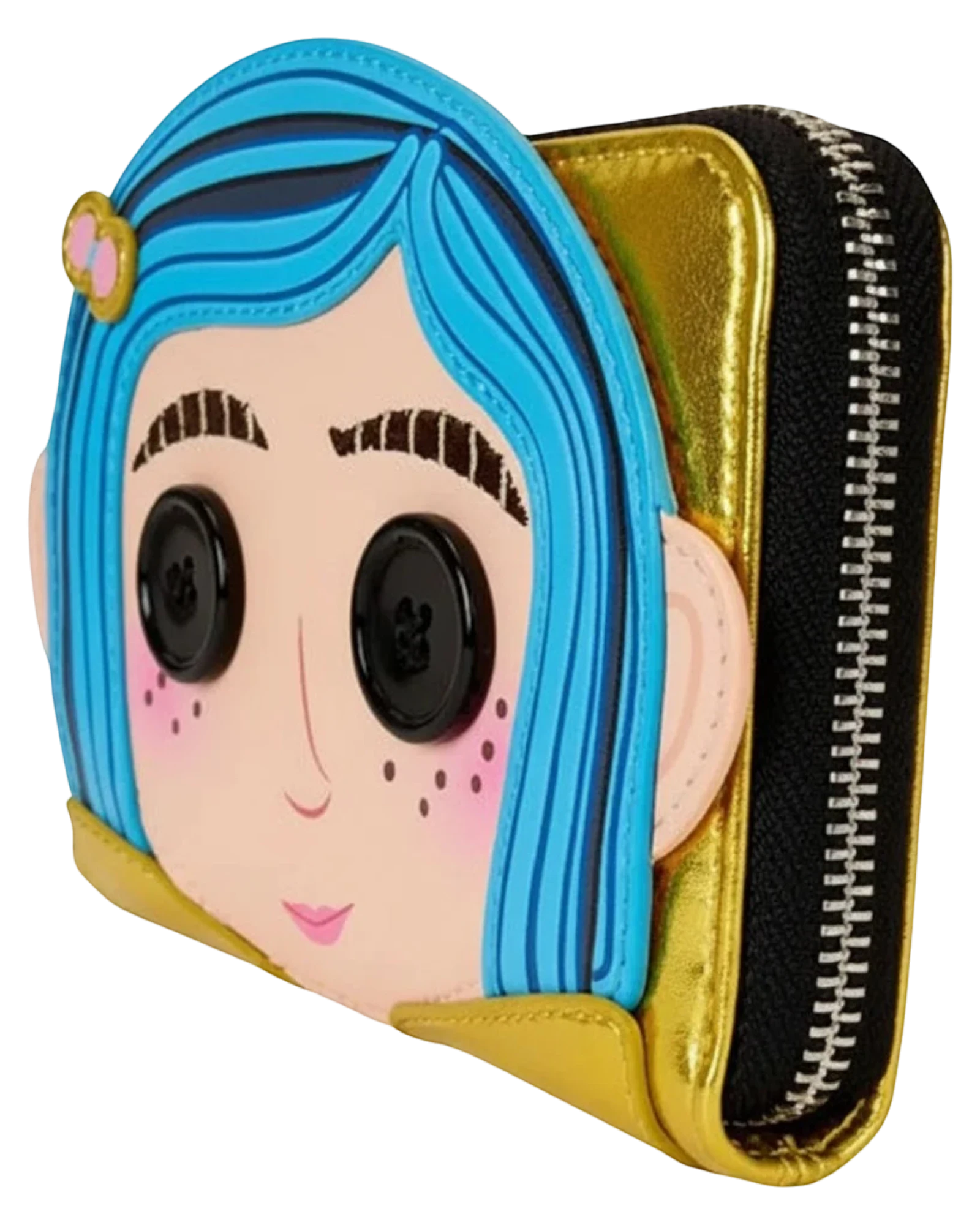 More Than Diecast Loungefly Coraline Doll cosplay wallet with blue hair, button eyes, and gold zip-around closure.