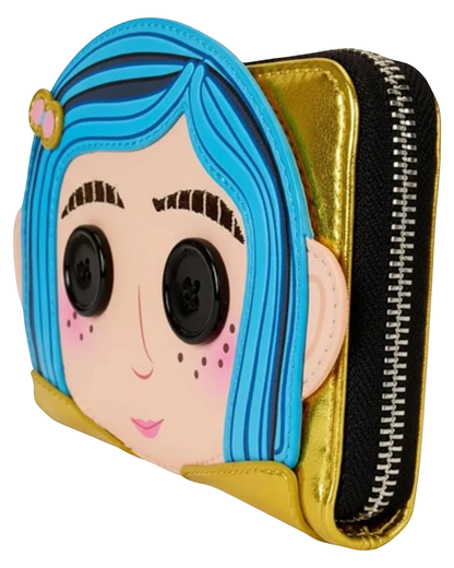 More Than Diecast Loungefly Coraline Doll cosplay wallet with blue hair, button eyes, and gold zip-around closure.
