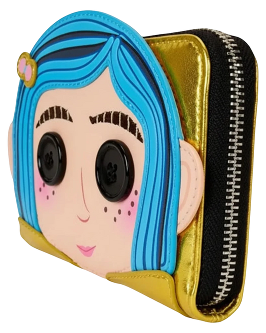 More Than Diecast Loungefly Coraline Doll cosplay wallet with blue hair, button eyes, and gold zip-around closure.
