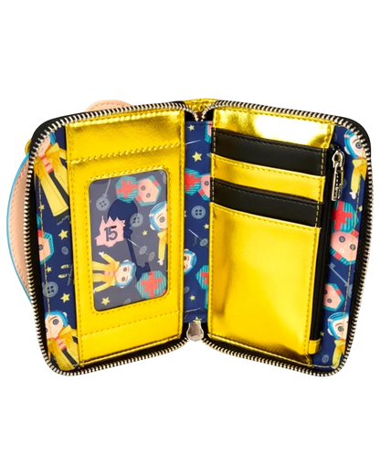 More Than Diecast Loungefly Coraline Doll Cosplay Wallet with zip-around closure, featuring a dark blue interior with Coraline character print and gold card slots.