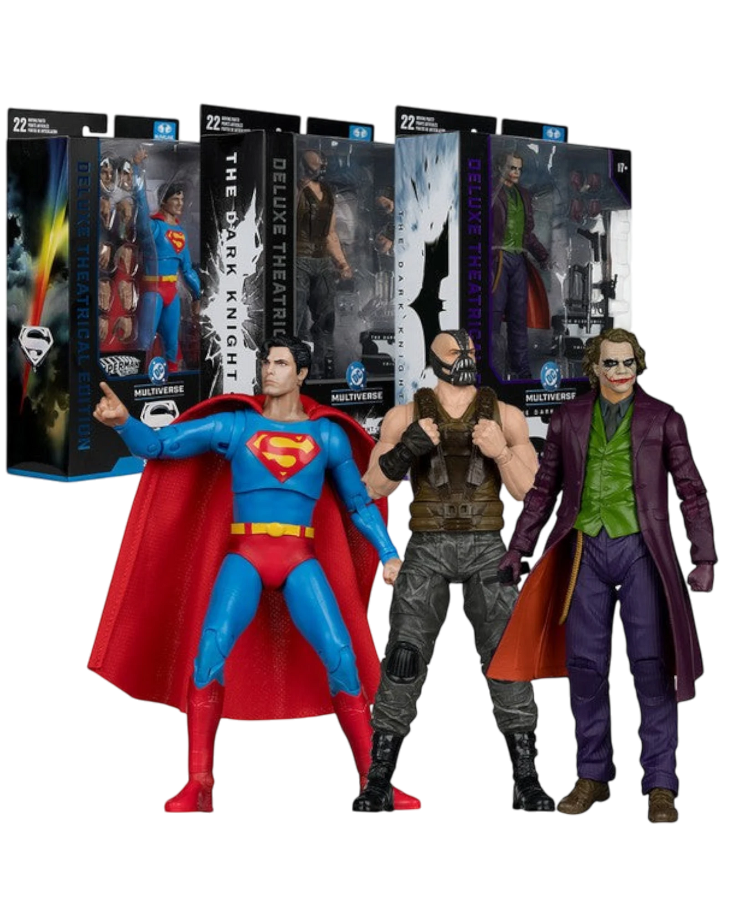 More Than Diecast McFarlane DC Multiverse 7" action figure bundle: Superman (1978), Bane, and Joker from The Dark Knight Trilogy.