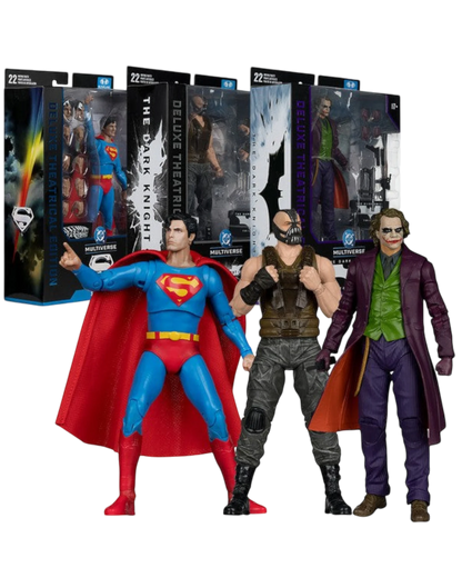 More Than Diecast McFarlane DC Multiverse 7" action figure bundle: Superman (1978), Bane, and Joker from The Dark Knight Trilogy.