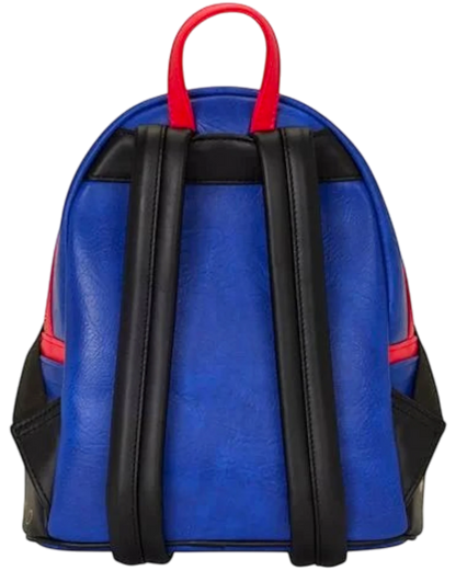 More Than Diecast Disney Descendants Evie cosplay mini backpack in distressed faux leather, blue with red trim and black straps.