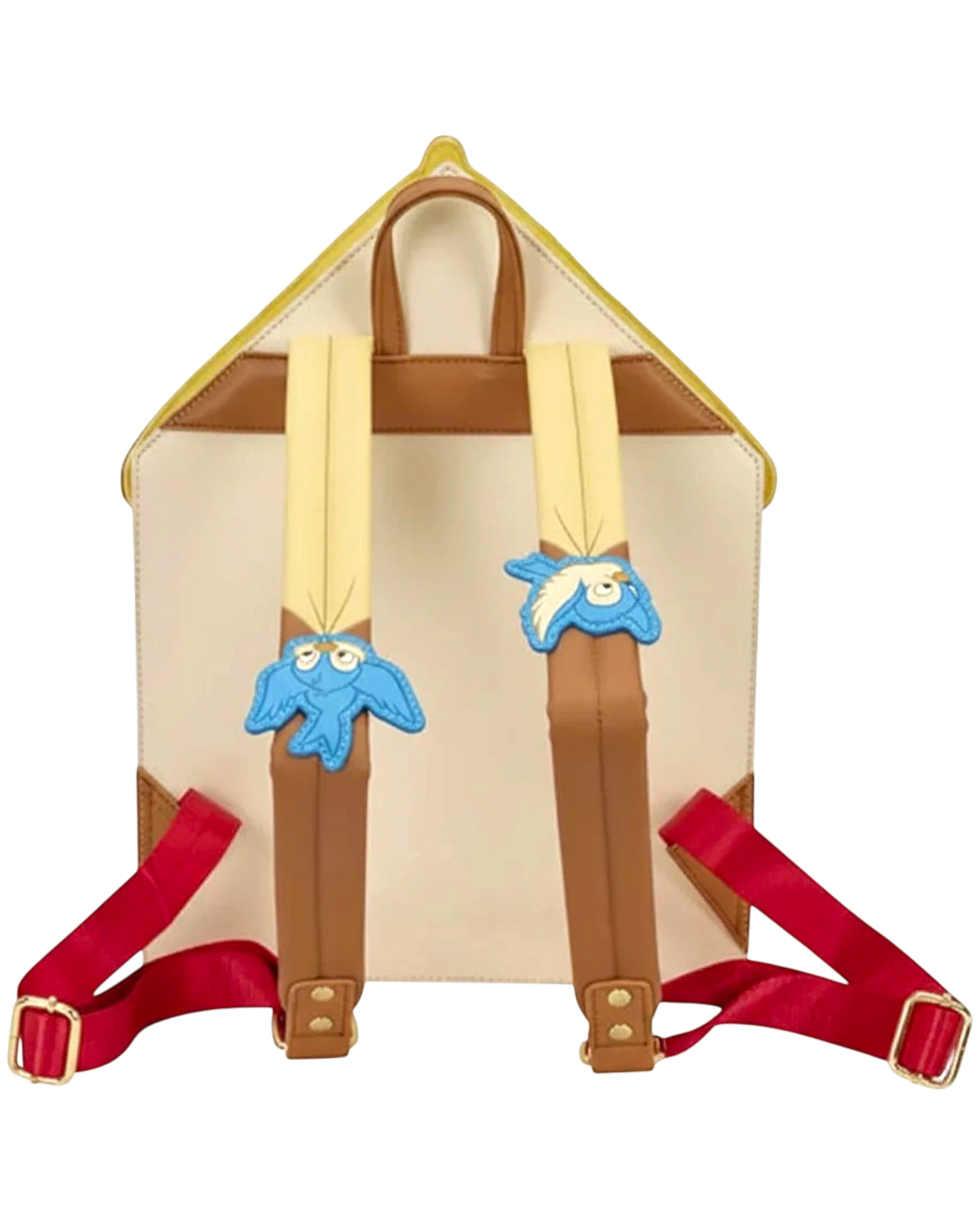 More Than Diecast Disney Snow White cottage mini backpack with yellow roof, cream body, brown straps, and bluebird accents.