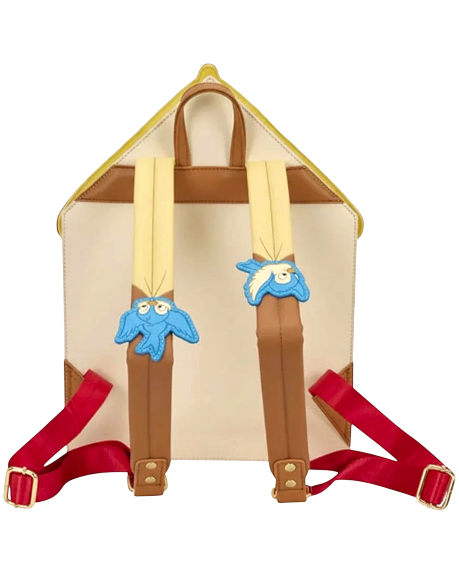 More Than Diecast Disney Snow White cottage mini backpack with yellow roof, cream body, brown straps, and bluebird accents.